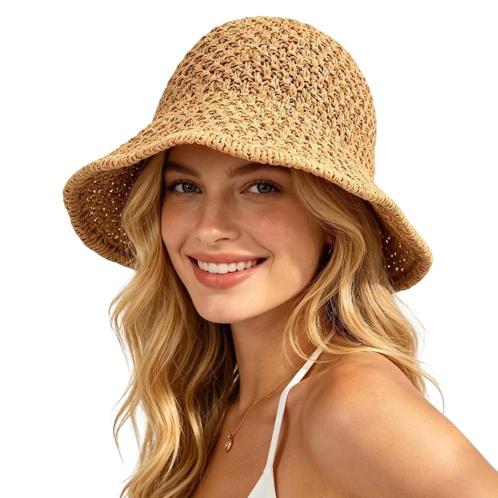 Floppy Straw Hat Women UV Protection Summer Beach Travel Khaki